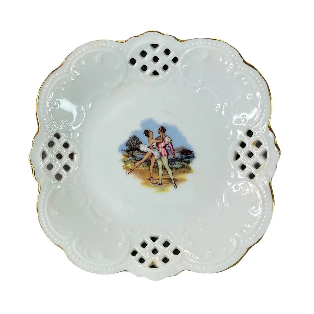 Vintage Reticulated Porcelain Trinket Dish Ballerina Couple Gold Gilt RD Mark